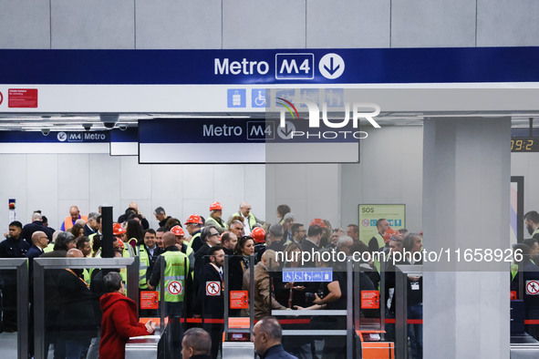 A moment occurs during the inauguration of the entire section of the Metropolitana M4 Blu Line from San Cristoforo to Linate in Milan, Italy...