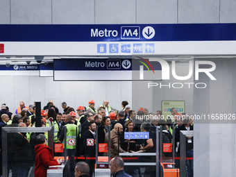 A moment occurs during the inauguration of the entire section of the Metropolitana M4 Blu Line from San Cristoforo to Linate in Milan, Italy...