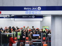 A moment occurs during the inauguration of the entire section of the Metropolitana M4 Blu Line from San Cristoforo to Linate in Milan, Italy...