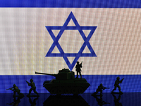 Illustration with figures of soldiers and a tank in front of an Israel flag displayed on a computer screen is seen in L'Aquila, Italy, on Oc...