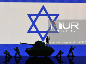 Illustration with figures of soldiers and a tank in front of an Israel flag displayed on a computer screen is seen in L'Aquila, Italy, on Oc...