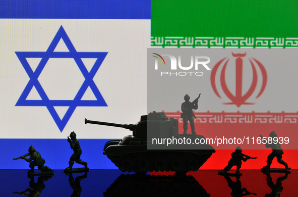 Illustration with figures of soldiers and a tank in front of Israel and Iran flags displayed on a computer screen is seen in L'Aquila, Italy...