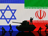 Illustration with figures of soldiers and a tank in front of Israel and Iran flags displayed on a computer screen is seen in L'Aquila, Italy...