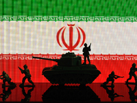 Illustration with figures of soldiers and a tank in front of an Iran flag displayed on a computer screen is seen in L'Aquila, Italy, on Octo...