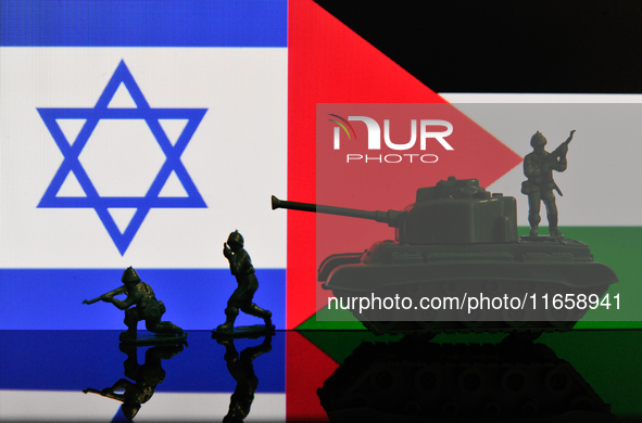 Illustration with figures of soldiers and a tank in front of Israel and Palestine flags displayed on a computer screen is seen in L'Aquila,...