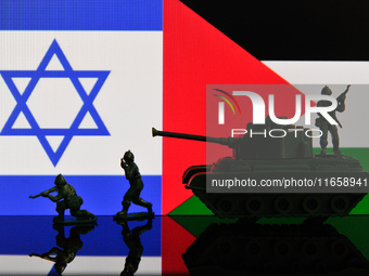 Illustration with figures of soldiers and a tank in front of Israel and Palestine flags displayed on a computer screen is seen in L'Aquila,...