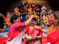 Hindu women apply vermilion powder to each other's faces as part of a ritual known as 'Sindoor Khela' on the occasion of the Dushhera-Vijaya...