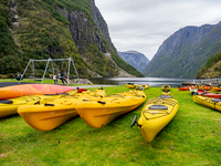 A view of Kayak in Gudvangen, Norway, on September 17, 2024. The village of Gudvangen is a popular tourist destination and is located at the...