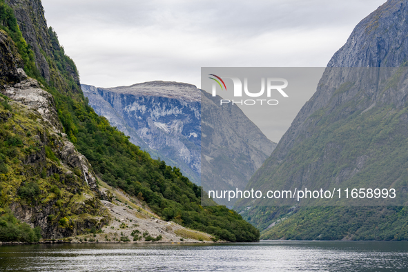 A view of the Nærøyfjord in Gudvangen, Norway, on September 17, 2024. The village of Gudvangen is a popular tourist destination and is locat...