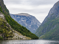 A view of the Nærøyfjord in Gudvangen, Norway, on September 17, 2024. The village of Gudvangen is a popular tourist destination and is locat...