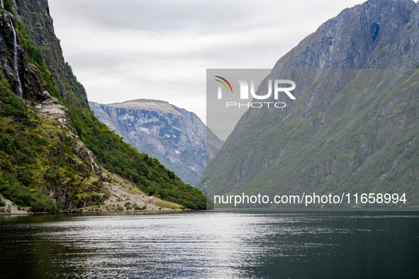 A view of the Nærøyfjord in Gudvangen, Norway, on September 17, 2024. The village of Gudvangen is a popular tourist destination and is locat...