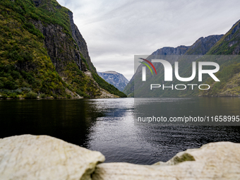 A view of the Nærøyfjord in Gudvangen, Norway, on September 17, 2024. The village of Gudvangen is a popular tourist destination and is locat...