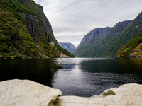 A view of the Nærøyfjord in Gudvangen, Norway, on September 17, 2024. The village of Gudvangen is a popular tourist destination and is locat...