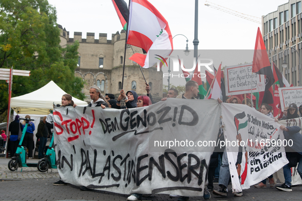 A thousand people take part in the big protest against the Israel attack on Gaza and Lebanon in Cologne, Germany, on October 12, 2024. 