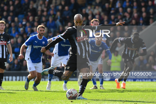 David McGoldrick of Notts County takes a penalty during the Sky Bet League 2 match between Chesterfield and Notts County at the SMH Group St...