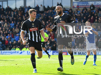 David McGoldrick of Notts County celebrates with Matthew Platt of Notts County after scoring a goal to make it 2-2 during the Sky Bet League...