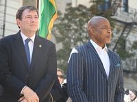 Mayor of New York City Eric Adams (Right) and Interim NYPD Police Commissioner Tom Donlon (Left) attend a street co-naming in memory of Dete...