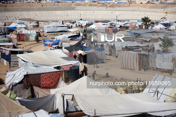 Displaced Palestinians shelter in a tent camp amid the Israel-Hamas conflict in Khan Younis, in the southern Gaza Strip, on October 12, 2024...