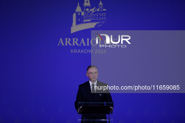 Polish President Andrzej Duda attends the meeting of the presidents of the Arraiolos group at Wawel Castle in Krakow, Poland, on October 11,...