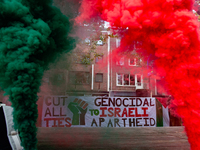 Around two hundred people march along the city center of Nijmegen, Netherlands, on October 12, 2024, to show their support for Palestine and...