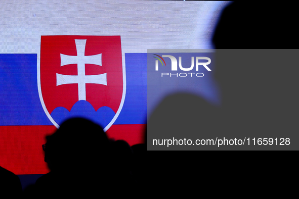 The Slovakia flag is with people during the meeting of the presidents of the Arraiolos group at Wawel Castle in Krakow, Poland, on October 1...