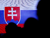 The Slovakia flag is with people during the meeting of the presidents of the Arraiolos group at Wawel Castle in Krakow, Poland, on October 1...