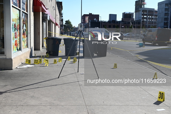 NYPD crime scene investigators are at the scene where a 27-year-old man, identified as Jose Galloway, is shot multiple times and killed in t...