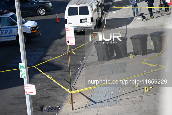 NYPD crime scene investigators are at the scene where a 27-year-old man, identified as Jose Galloway, is shot multiple times and killed in t...