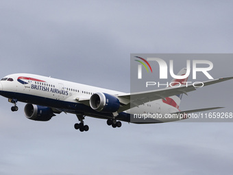 British Airways Boeing 787-8 Dreamliner aircraft spotted flying on final approach over the roofs of the houses of Myrtle avenue for landing...