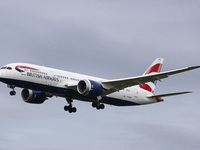 British Airways Boeing 787-8 Dreamliner aircraft spotted flying on final approach over the roofs of the houses of Myrtle avenue for landing...