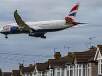 British Airways Boeing 787-8 Dreamliner aircraft spotted flying on final approach over the roofs of the houses of Myrtle avenue for landing...