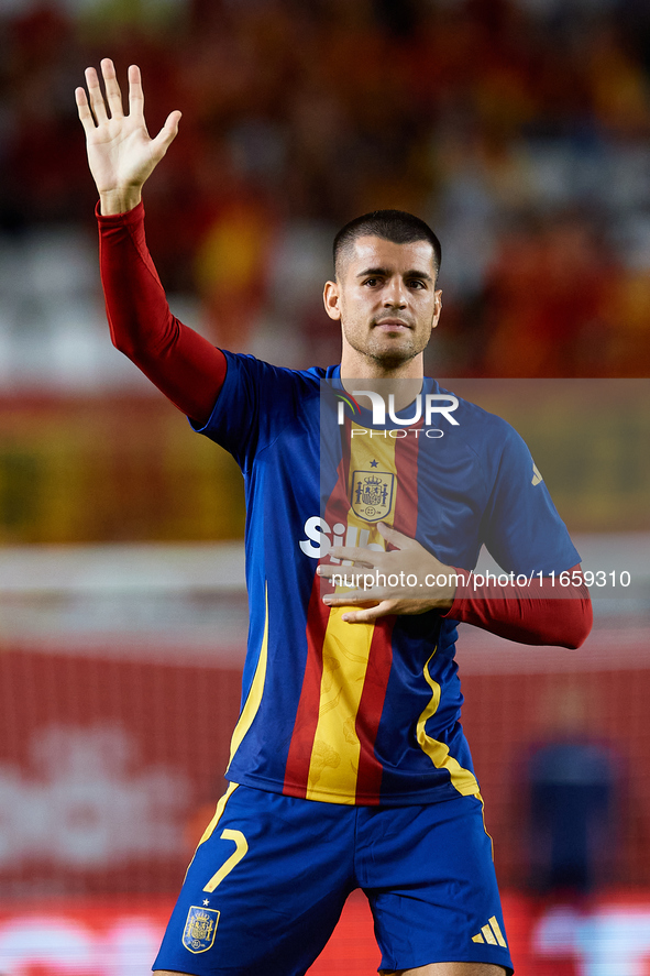 Alvaro Morata of Spain waves his hand to the crowd before the UEFA Nations League group D game between Spain and Denmark at Enrique Roca sta...