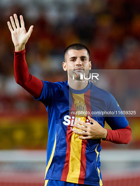 Alvaro Morata of Spain waves his hand to the crowd before the UEFA Nations League group D game between Spain and Denmark at Enrique Roca sta...