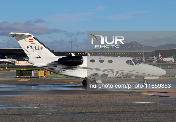 A Cessna 510 Citation Mustang from ClipperJet company is on the runway ready to take off from Barcelona airport in Barcelona, Spain, on Octo...