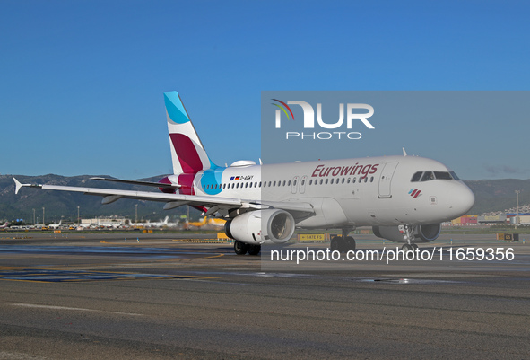 An Airbus A319-132 from Eurowings is on the runway ready to take off from Barcelona airport in Barcelona, Spain, on October 8, 2024. 