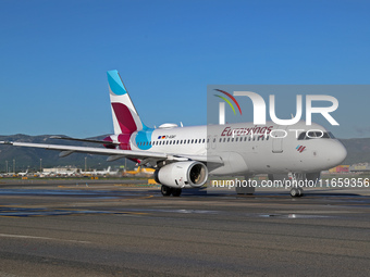 An Airbus A319-132 from Eurowings is on the runway ready to take off from Barcelona airport in Barcelona, Spain, on October 8, 2024. (