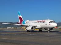 An Airbus A319-132 from Eurowings is on the runway ready to take off from Barcelona airport in Barcelona, Spain, on October 8, 2024. (