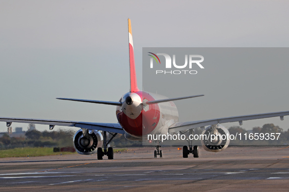 An Iberia aircraft is on the runway ready to take off from Barcelona airport, in Barcelona, Spain, on October 8, 2024. 