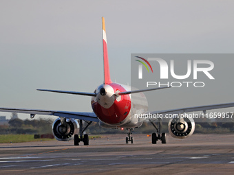 An Iberia aircraft is on the runway ready to take off from Barcelona airport, in Barcelona, Spain, on October 8, 2024. (