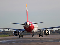 An Iberia aircraft is on the runway ready to take off from Barcelona airport, in Barcelona, Spain, on October 8, 2024. (