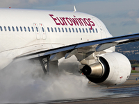 An Airbus A320-214 from Eurowings is on the runway ready to take off from Barcelona airport in Barcelona, Spain, on October 8, 2024. (