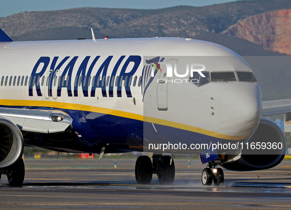 A Boeing 737-8AS from Ryanair is on the runway ready to take off from Barcelona airport in Barcelona, Spain, on October 8, 2024. 