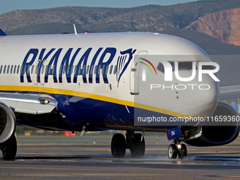 A Boeing 737-8AS from Ryanair is on the runway ready to take off from Barcelona airport in Barcelona, Spain, on October 8, 2024. (