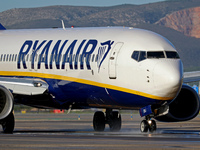 A Boeing 737-8AS from Ryanair is on the runway ready to take off from Barcelona airport in Barcelona, Spain, on October 8, 2024. (