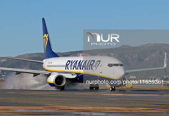 A Boeing 737-8AS from Ryanair is on the runway ready to take off from Barcelona airport in Barcelona, Spain, on October 8, 2024. 