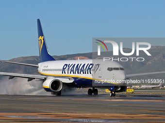 A Boeing 737-8AS from Ryanair is on the runway ready to take off from Barcelona airport in Barcelona, Spain, on October 8, 2024. (