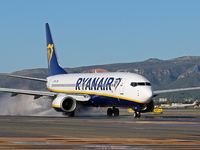 A Boeing 737-8AS from Ryanair is on the runway ready to take off from Barcelona airport in Barcelona, Spain, on October 8, 2024. (