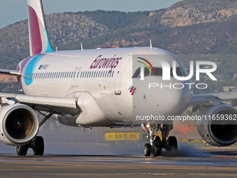 An Airbus A320-214 from Eurowings is on the runway ready to take off from Barcelona airport in Barcelona, Spain, on October 8, 2024. (