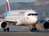 An Airbus A320-214 from Eurowings is on the runway ready to take off from Barcelona airport in Barcelona, Spain, on October 8, 2024. (