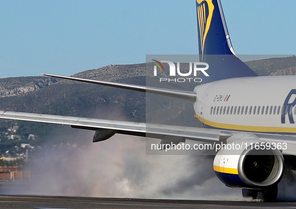 A Boeing 737-8AS from Ryanair is on the runway ready to take off from Barcelona airport in Barcelona, Spain, on October 8, 2024. 